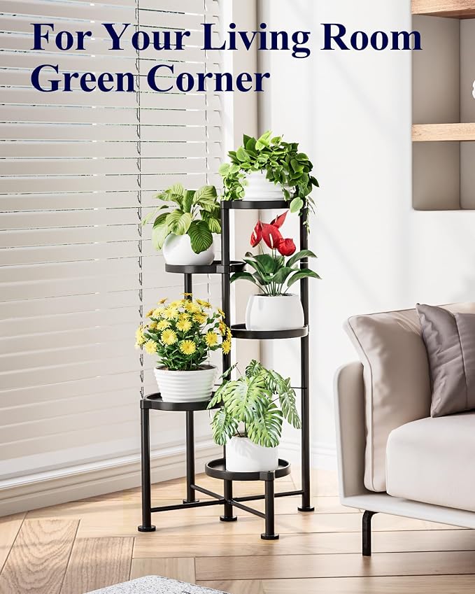Kitsure Plant Stand Indoor & Outdoor - 5-Tier Plant Shelf with Deep Trays & Leveling Feet, Easy Assembly, Space-Saving Tiered Plant Stand for Bedroom, Living Room, Porch, Black
