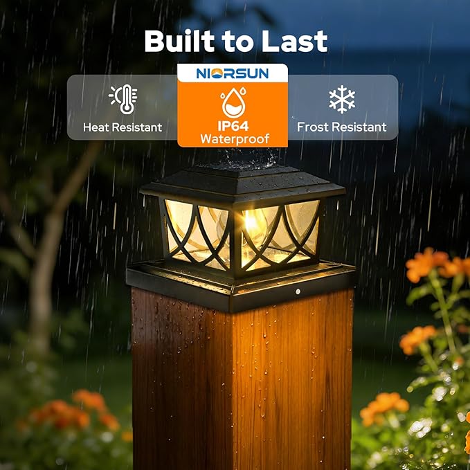 NIORSUN Solar Post Lights Outdoor, Fence Post Solar Lights with 3 Color Temps &2 Brightnesses, Edison LED Bulbs Fence Deck Decor, 4x4 Posts Caps, 4x4 &5x5 Vinyl, 4x4 &6x6 Wooden (8 Pack,Black)
