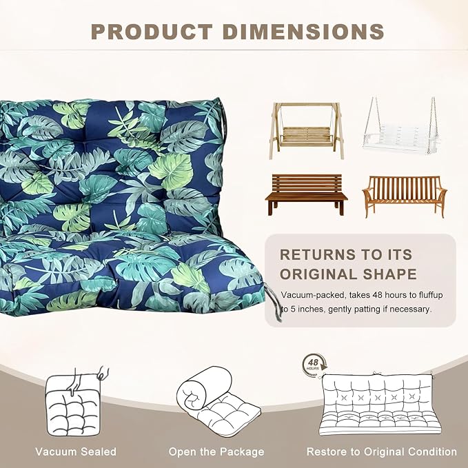 Porch Swing Cushion with Backrest,Waterproof Bench Cushion for Outdoor Furniture,2-3 Seater Replacement Thickened Swing Cushion with Ties,Patio,Outdoor,Backyard and Garden (Floral Navy,60x40")