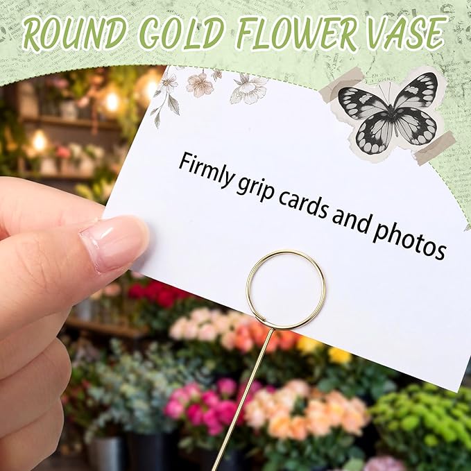 Patelai 500 Pcs 12'' Golden Ring Loop Round Shape Card Holders Floral Picks Clips for Wedding & Flower Arrangements, DIY Craft Wire Clip Table Card Holders Note Photo Picture Memo Holder Cake Topper