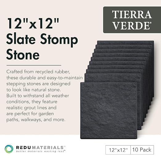 TierraVerde 10-Pack 12”x12” Stomp Stones, Faux Stone - Square, Black | Non-Slip Outdoor Decorative Stepping Stones Set for Landscaping – DIY Decor for Walkways & Yard Pathways