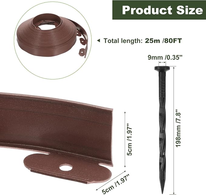 uxcell Landscape Edging, 1Pcs 80FT x 2" - Garden Edging Kit with 75 Stakes, Landscape Edging Border for Garden Lawn Flower Bed Yard Grass (Brown)