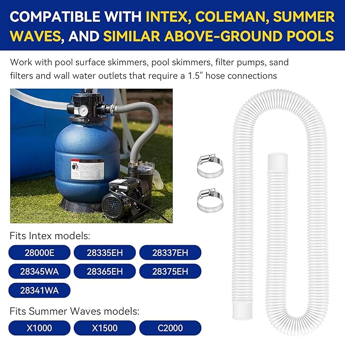 Pool Hoses for Above Ground Pools 1.5" Diameter x 59" Long, 2 Pack 1.5 Inch Above Ground Pool Hose Replacement Compatible with Intex Coleman Surface Skimmer, Filter Pump Hose, with 4 Metal Clamps