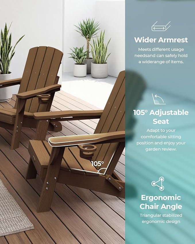 Folding Adirondack Chair 2 Pack, HDPE All-Weather Fire Pit Chairs, Plastic Adirondack Chairs with 2 Cup Holder, Outdoor Lawn Chair for Patio Garden (Brown)
