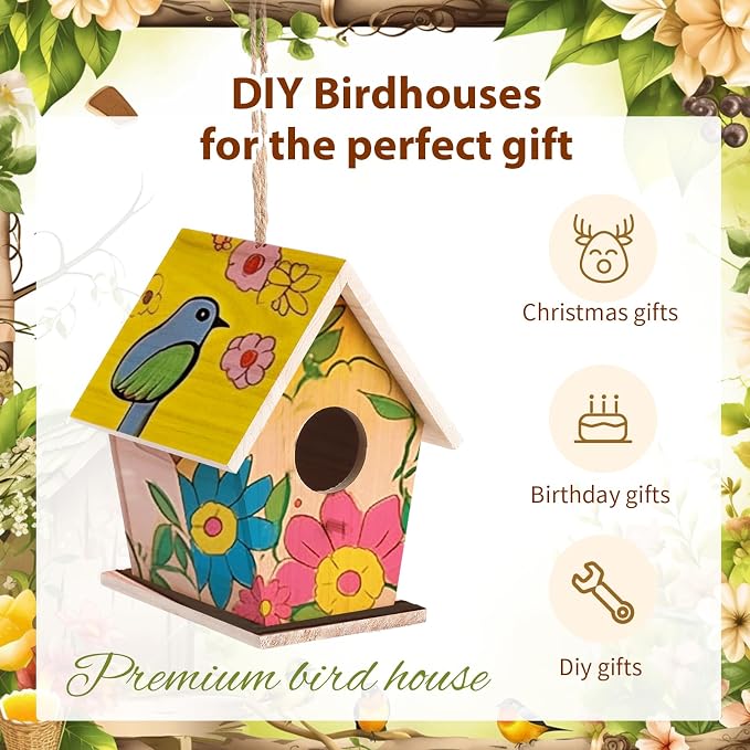 Barydat 6 Pcs Bird Houses Hanging Wooden Bird Houses for Outside DIY Garden Patio Decorative for Swallow Sparrow Hummingbird Finch Throstle Birdhouse Kits Arts and Craft Projects, 3 Sizes