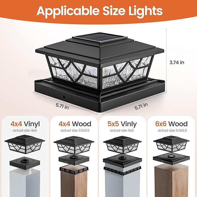 APONUO Solar Post Cap Lights 6 Pack for 4x4 5x5 6x6 Wood Vinyl Fences - IP64 Waterproof, Auto On/Off, Solar Powered Post Lights, Warm Cool White, Deck Patio Yard Decor, Black