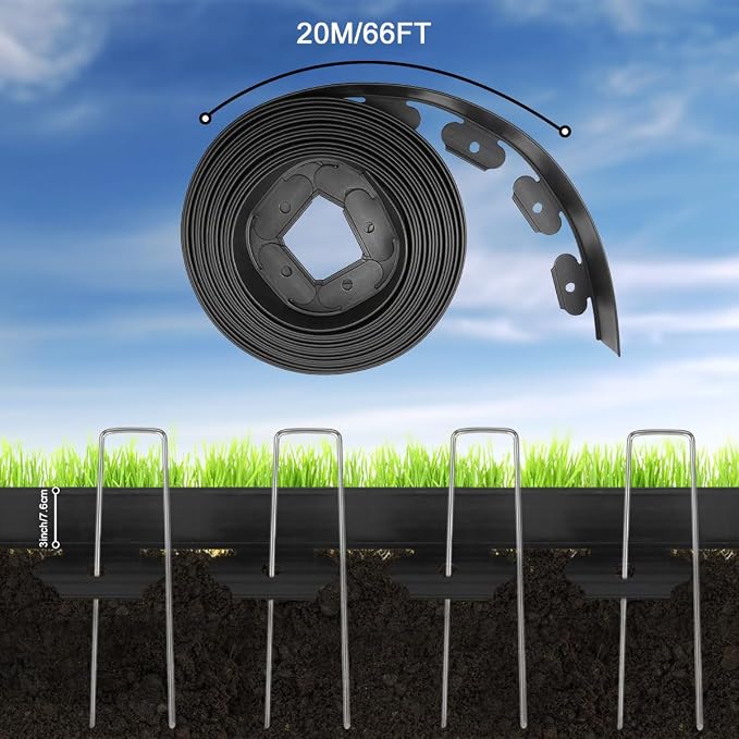 Landscape Edging, 66FT Plastic Garden Edging Border with 100 Pcs Metal Spikes, 3 Inch Tall Flexible Tool-Free Lawn Edging for Flower Bed, Yard, Paving, Pathway