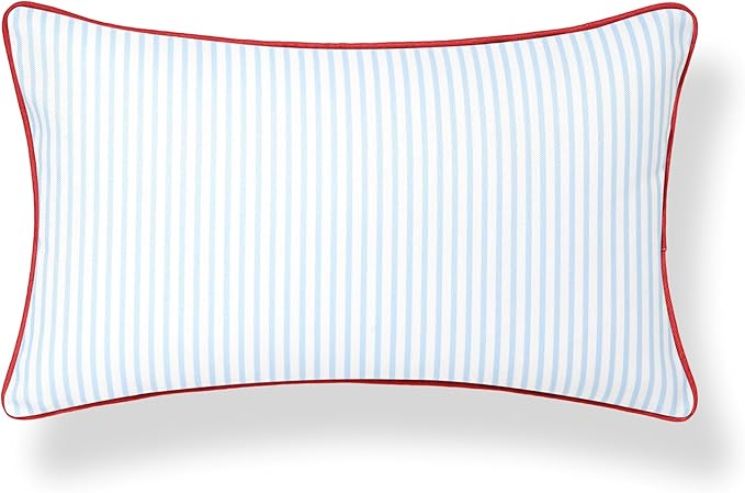 Hofdeco Premium Coastal Hampton Patio Indoor Outdoor Lumbar Pillow Cover Only, 12"x20" Water Repellent for Backyard, Couch, Poolside, Baby Blue Red Print Stripes