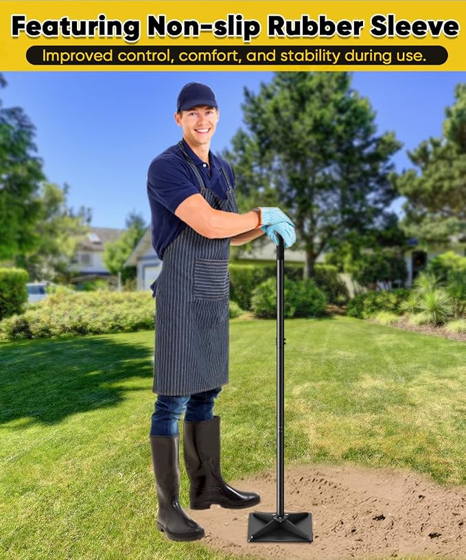 8" x 8" Heavy Duty Steel Tamper with 44.7 inch Adjustable Handle & Rubber Grip, Thickened Steel Garden Dirt Tamper Tool for Ground & Gravel Leveling, Soil Tamper for Yard, Sand, Driveway