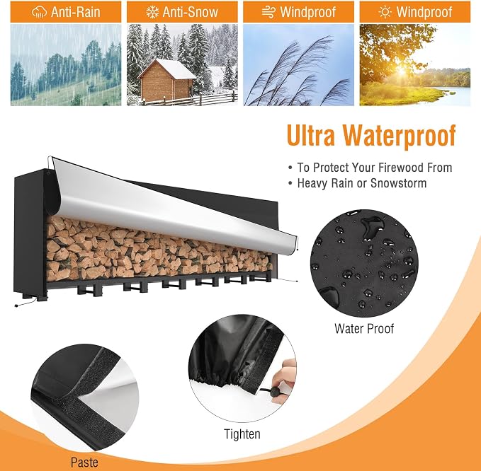 SunyesYoon Firewood Rack Outdoor 8ft with Waterproof Cover - Heavy Duty Log Rack Indoor Holder, Upgraded Adjustable Fire Wood Racks, Storage Organizer Stand Tool for Fireplace, Black