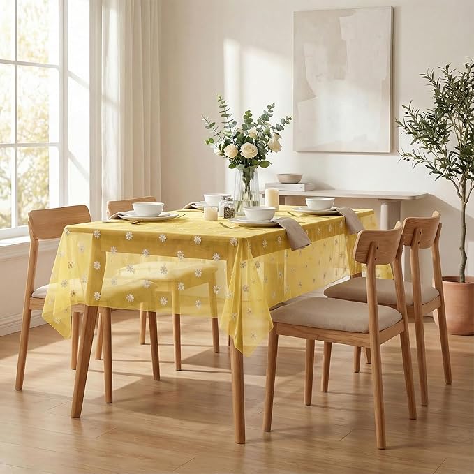 Horaldaily Yellow Embroidery Daisy Spring Summer Gauze Tablecloth 60×120 Inch Rectangular, Seasonal Tulle Table Cover, Garden Party Decorations for Wedding, Party, Holiday Dining