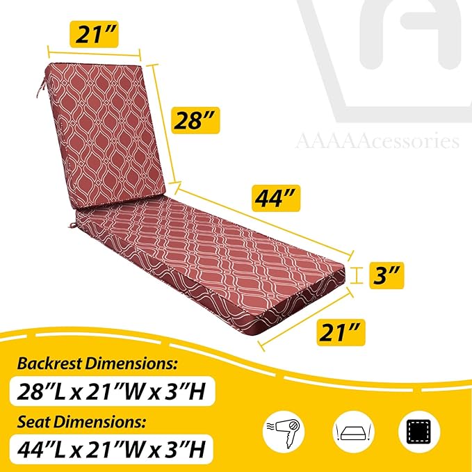 AAAAAcessories Outdoor Chaise Lounge Cushions, Fade-Resistant, Waterproof Patio Furniture Replacement Cushions, 72" x 21" x 3", Set of 2, Clay Red Vine Trellis