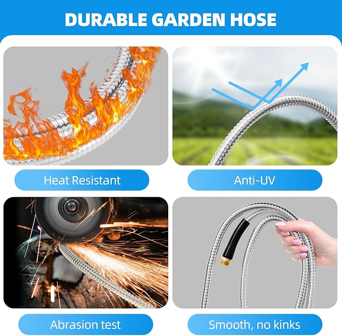 SPECILITE Stainless Steel Garden Water Hose 25 FT, Flexible and Lightweight Pipe, Non-Expandable Heavy Duty Metal Waterhose with Brass Fittings for Reel, Yard, Outdoor, Boat