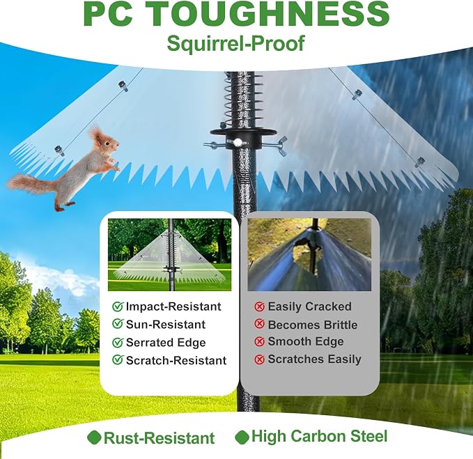 Bird Feeder Pole with Squirrel Baffle 107 Inch Bird House Poles Squirrel Proof for Outdoors Heavy Duty Smart Bird Feeding Station with Stainless Steel Spring Adjustable Height Mounting Pole