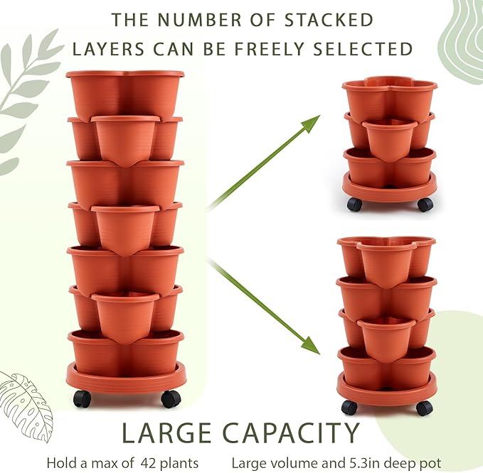 Umigy 1 Set Clay Red 7 Tier Stackable Vertical Planters with Removable Wheels and Tools Tower Planters Strawberry Herb Flower Vegetable Pots Indoor Outdoor Gardening Pots