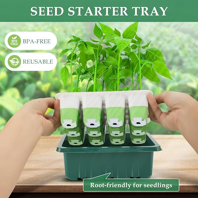 Seed Starter Tray, 24 Cells Indoor Seed Starter Kit, Flexible Silicone Designed Seedling Starter Trays, Germination Tray with Humidity Dome & Lids(4in Height), Reusable & Dishwasher Safe, BPA-FREE