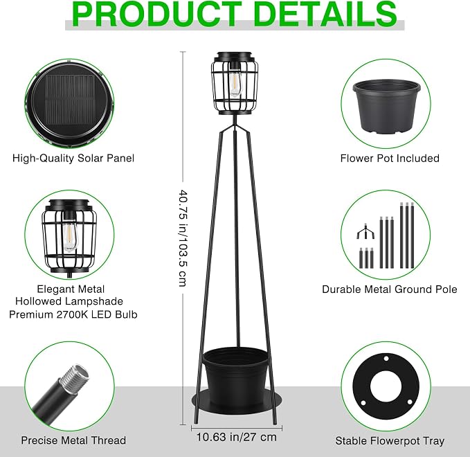 TOWPONICS 2-Pack 40.75'' Solar Lights with Plant Stands, Solar Powered Outdoor Floor Lamp with Planter, IP65 Waterproof Outdoor Lamp for Patio Deck Porch Yard Garden Decor, 8-12 Hours Lighting