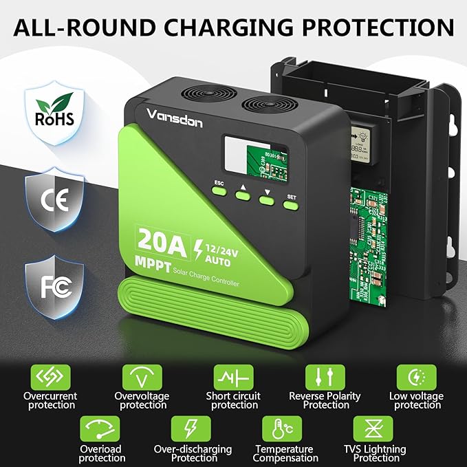 Vansdon 20A Solar Charge Controller 12V/24V MPPT Solar Charge Controller, Adjustable LCD with Timer, Dual USB Ports, for RV, Boat, Cabin, Off-Grid Systems, Compatible with FLD/LiFePO4/SLD/GEL/AGM
