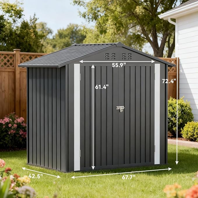 COMHOMA Shed Storage Outdoor Metal Windowed Lockable Solar Motion Light Adjustable Weatherproof Ventilated Backyard Garden Utility Workshop(Grey,6'*4')