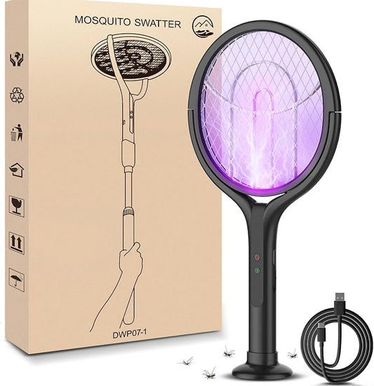 Mosiller Rotating Head Electric Fly Swatter, 4000V Bug Zapper with 1800mah Rechargeable Battery, 2 in 1 Purple Mosquito Light Killer with Rotating Head for Indoor Home Patio Camp Office(Black)