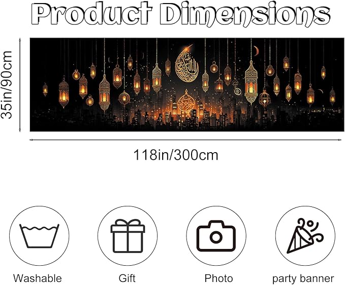 Ramadan Mubarak Fence Banner 118 x 35 Inch, Large Waterproof Outdoor Islamic Banner with Hanging Lanterns, Crescent Moon & Arabic Calligraphy for Yard Porch Fence Eid Ramadan Decorations