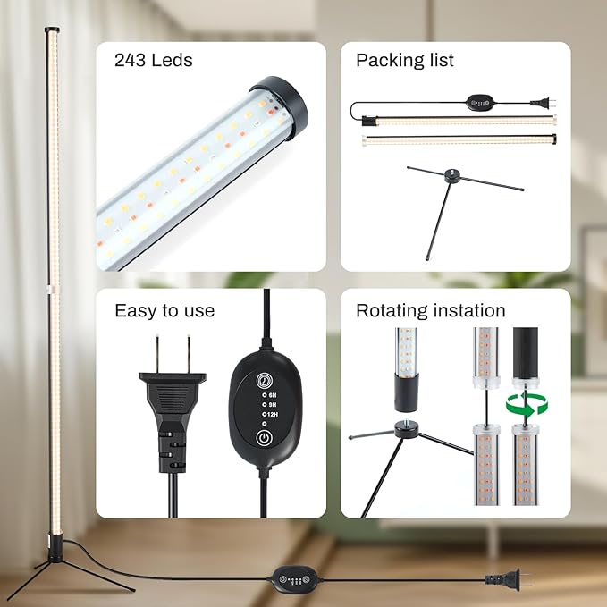 Atmel Standing Grow Lights for Indoor Plants with Timer, 3 Adjustable Modes Full Spectrum Plant Lights for Indoor Growing, 243LED Plant Grow Light for Flowering, Office, Indoor Garden
