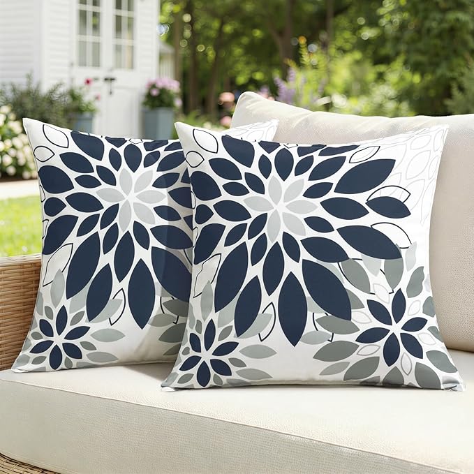 Floral Outdoor Pillow Covers Waterproof Spring Throw Pillow Cases Black Grey 18x18 Inch Set of 2 Decorative Summer Cushion Covers for Patio Furniture Garden Bench Porch Sofa