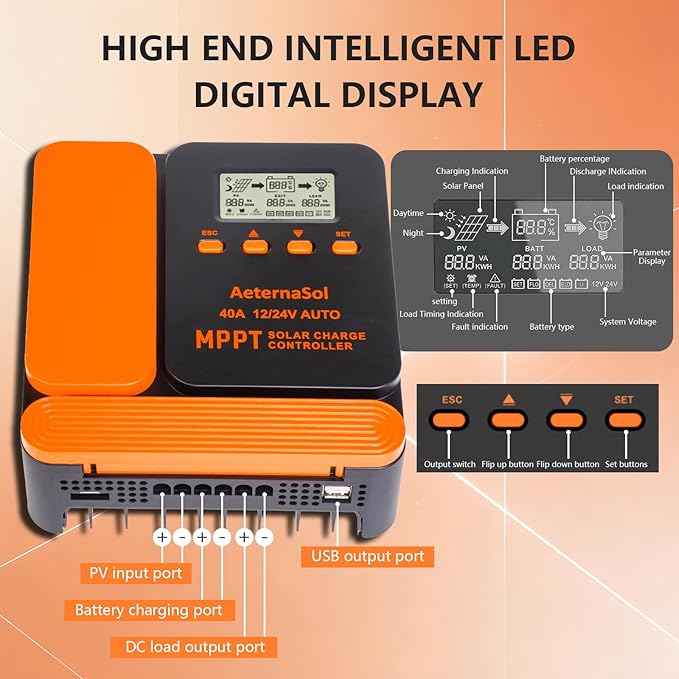Solar Charge Controller 40A Charge Controllers 12/24V MPPT Solar Charge Controller with Adjustable LCD, Timer, Dual USB, Max Input 100V for LiFePO4/AGM/GEL/FLD Batteries (Orange)