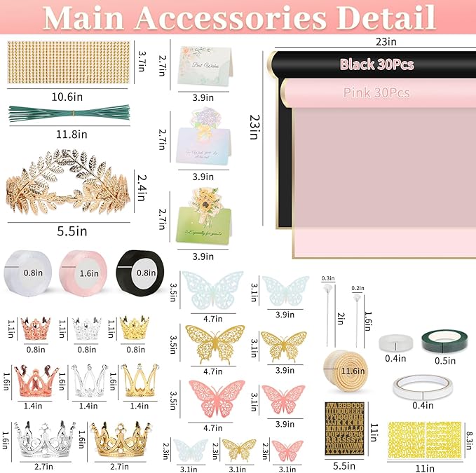 BESUPERT A Bundle of 260Pcs and 52Pcs Flower Bouquet Wrapping Paper Accessories Kit