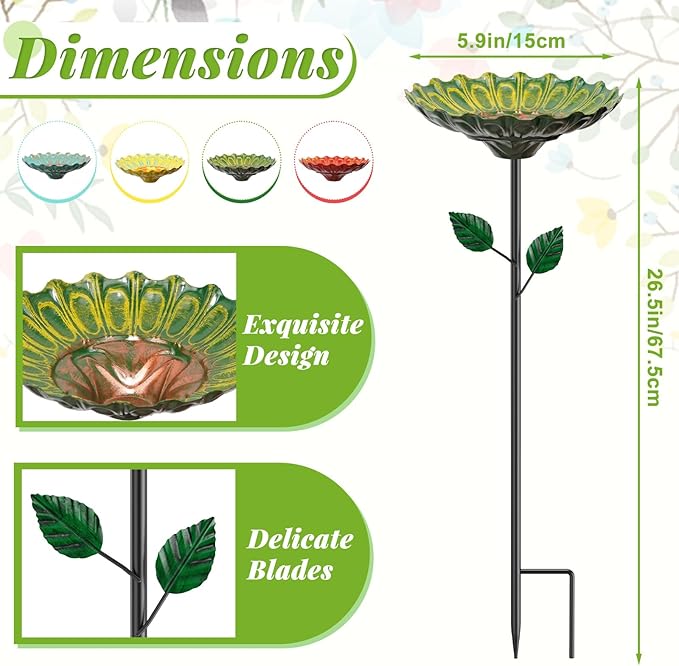 2 Pack Bird Baths for Outdoors, Colorful Metal Bird Bath for Outside, Hummingbird Bath with Five Stakes, Outdoor Birdbath Decor for Garden Yard Lawn Backyard Patio (4PCS Sunflower)
