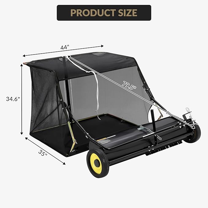 PeakPursuit 44" Leaf Collector Tow Behind Lawn Sweeper Pull Behind Grass Sweeper Large Hopper Black