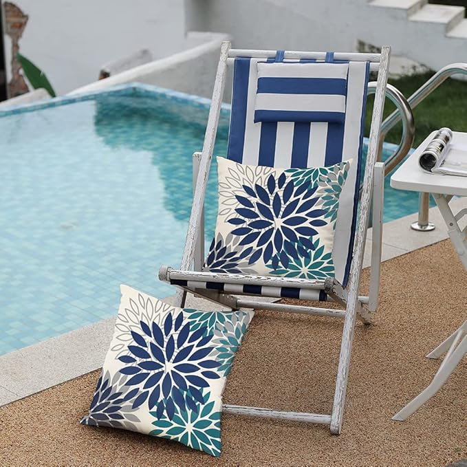 DFXSZ Navy Blue Flower Pillow Covers 18x18 Inch Set of 2 Outdoor Throw Pillows Outdoor Waterproof Decor for Living Room Sofa Patio Funiture Garden Floral Polyester Pillow Covers 002X18