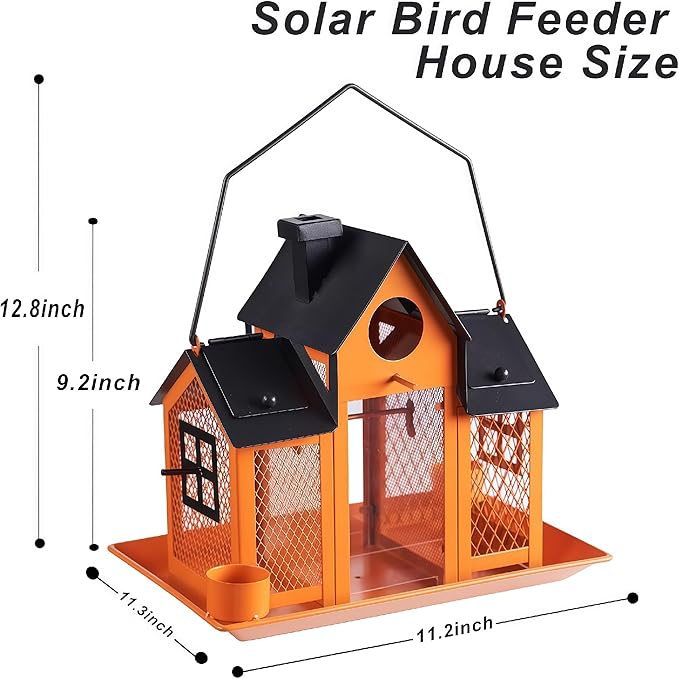 Solar Bird Feeders House for Outside Hanging, Metal Wild Bird Feeder for Outdoors Large Capacity Cardinal Birdfeeder Birdhouses Metal Bird Feeding Station Orange