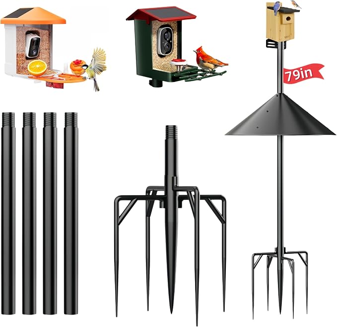 NSYOOMH Dia 1 Inch Bird Feeder Pole with 19" Proof Squirrel Baffle, Heavy Duty Metal, Bird House Pole Compatible Mount for Smart Camera Birdfeeder, Outdoor Feeding Station Stand Kit - 79"