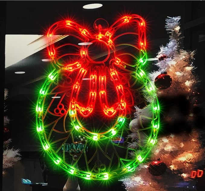 Christmas Window Silhouette Lights, Lighted Wreath Double Sided Decorations with 50 Count Incandescent Mini Light, for Holiday Indoor Wall Door Glass Decor