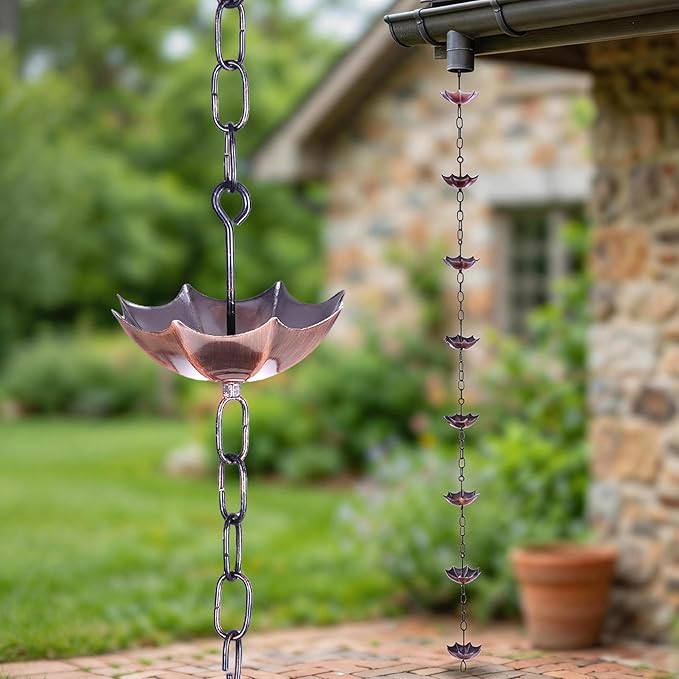 Topadorn Antique Umbrella & Lotus Rain Chain, 71.5" Metal Water Diverter with 8 Cups, Decorative Gutter Downspout Replacement