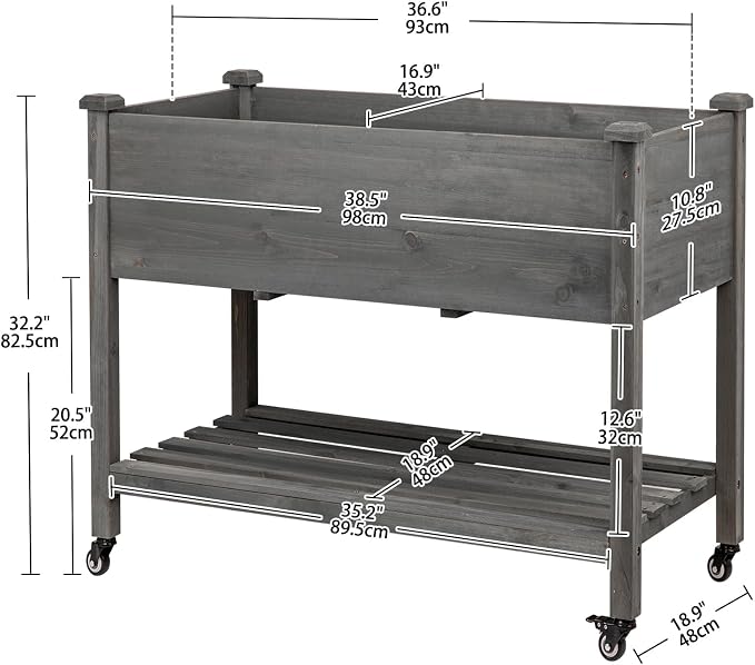 Raised Garden Bed with Lockable Wheels, 40x24x32 inch Elevated Wood Planter with Storage Shelf Protective Liner for Vegetable Flower Herb Outdoor Balcony Patio Backyard, Grey