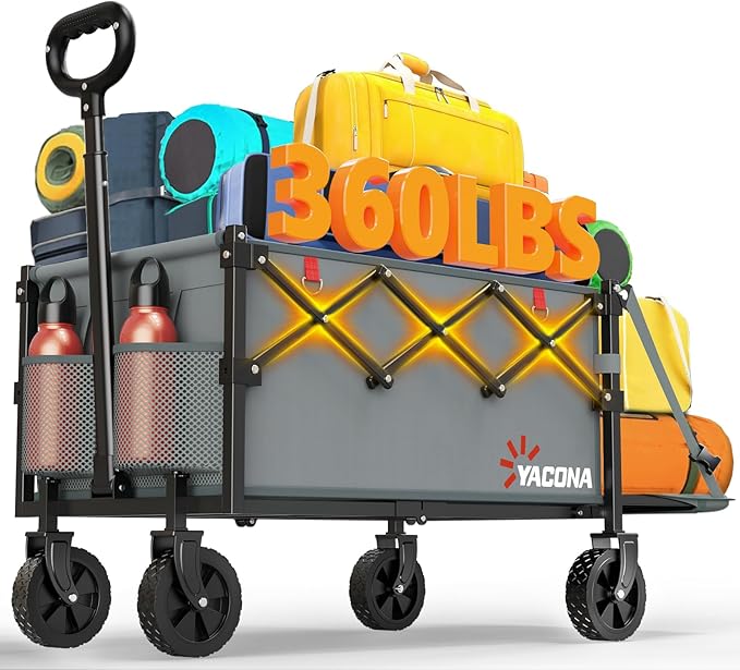 Yozoia 360LBS Heavy-Duty Foldable Wagon Cart with Wheels and Tailgate, 120L Collapsible Utility Wagon for Groceries, Outdoor Camping, Shopping, Beach, Garden
