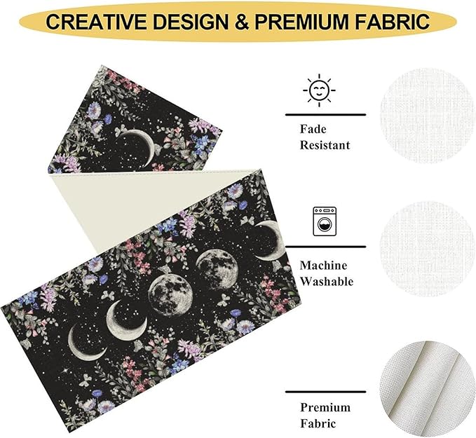 Boho Floral Table Runner, Spring Gothic Wild Flower Moon Phase Seasonal Mystical Witch Coffee Table Center Decor for Family Holiday Party Kitchen Outdoor Farmhouse Table Decorations, 13"x72"
