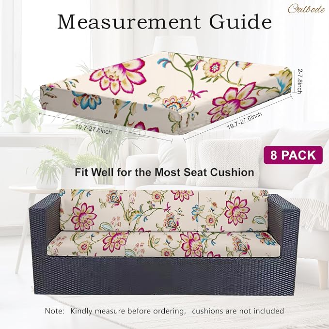 CALBODE 8pcs Single Seat Floral Print Outdoor Couch Cover, Waterproof Elastic Removable Half-Wrapped Sofa Seat Cushion, Suitable for Patio, Terrace, Garden Sofa Cushion