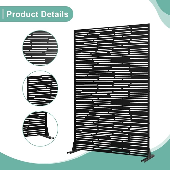 Metal Privacy Screen for Outdoor & Indoor Use, Free Standing Privacy Screen for Patio Garden Pool, 72" H x 47" W Decoative Privacy Panels, Weather Resistant, Easy Assembly (Black Shine)