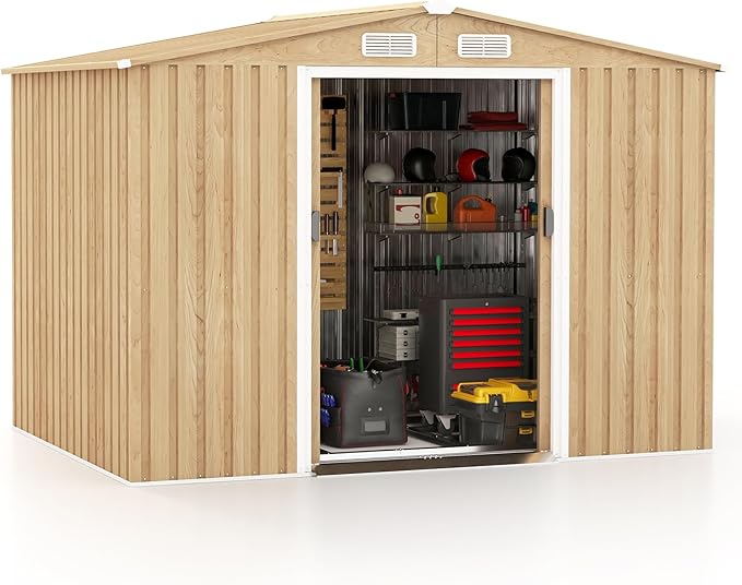 Goplus 8' x 6' Woodgrain Outdoor Storage Shed, Galvanized Metal Tool House Organizer w/Base Floor, 4 Vents, Lockable Doors, Waterproof Garden Sheds & Outdoor Storage for Backyard, Lawn, Patio
