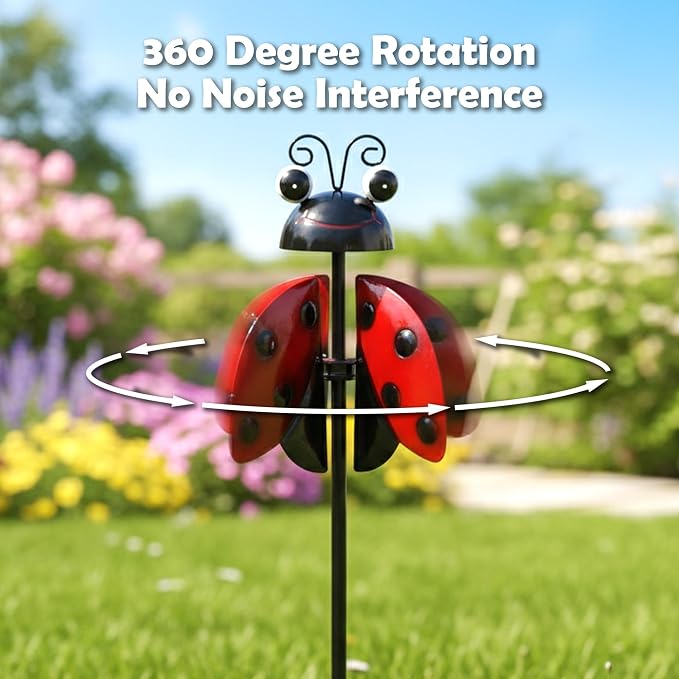 4 Pack Metal Wind Spinners for Yard, 360° Rotating Garden Stake with Butterfly Frog Bee Ladybug, Kinetic Outdoor Art Decor, All-Weather Lawn Ornament Gift
