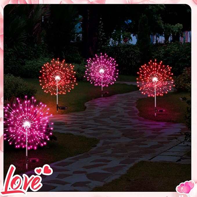 Tujoe 6 Pcs 4th of July Solar Firework Lights Patriotic Solar Light Outdoor Garden 120 LED 8 Modes Waterproof LED Sparkler Light for 250th Anniversary Patio Yard Pathway Walkway (Red,Pink)