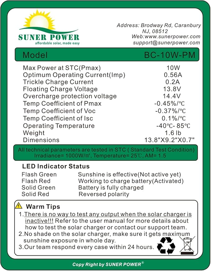 SUNER POWER 12V 10W Solar Battery Trickle Charger Maintainer, Built-in Smart MPPT Charge Controller, Tubular Mount Bracket, Waterproof 10 Watt Solar Panel Kits for 12 Volt Rechargeable Batteries