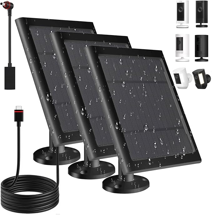 Solar Panel for Ring Camera(2nd Generation) Dustproof Waterproof 5W Solar Panel with 10FT/3M Long Cable for Stick Up & Pro Spotlight Cam Battery for Security Camera 3 Pack-BK