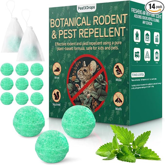 Rodent Mouse Repellent Balls 14 Pack, Moth Balls for Rodents Mouse Deterrent, Peppermint Oil Pest Control for Rodents, Squirrels, Skunk, Mole, Gopher, Pets Safe, Indoor and Outdoor Use