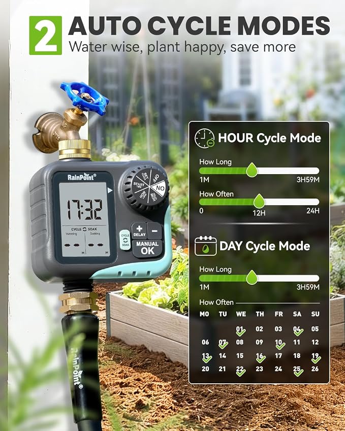 RAINPOINT Sprinkler Timer for Garden Hose - Hose Timer with Cycle & Soak/Rain Delay/Automatic Watering/Manual Watering, Programmable Irrigation System with Large Display for Lawn, Yard, Brass Inlet