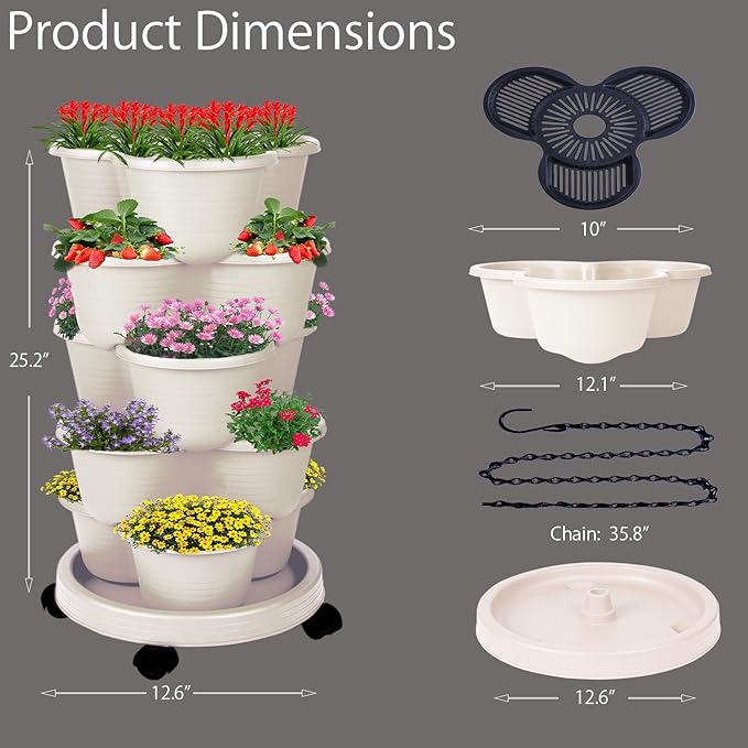 5-Tier Vertical Garden Tower Stackable Planter for Strawberries, Flowers, Vegetables & Herbs 2-Pack Beige