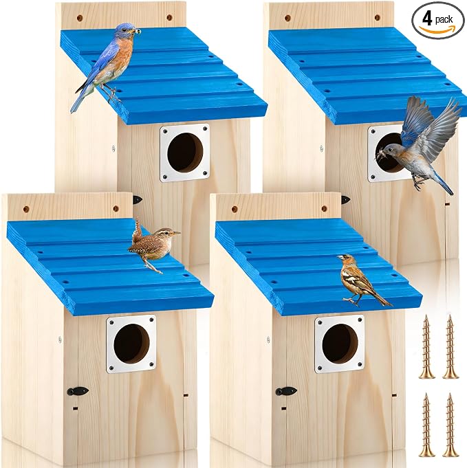 Dreyoo 4 Pack Bluebird Houses for Outside with Metal Predator Guard, 1-1/2" Entrance Hole Wooden Blue Bird Houses for Outdoors, Bluebird Nesting Box(Blue Roof, Wood Body)